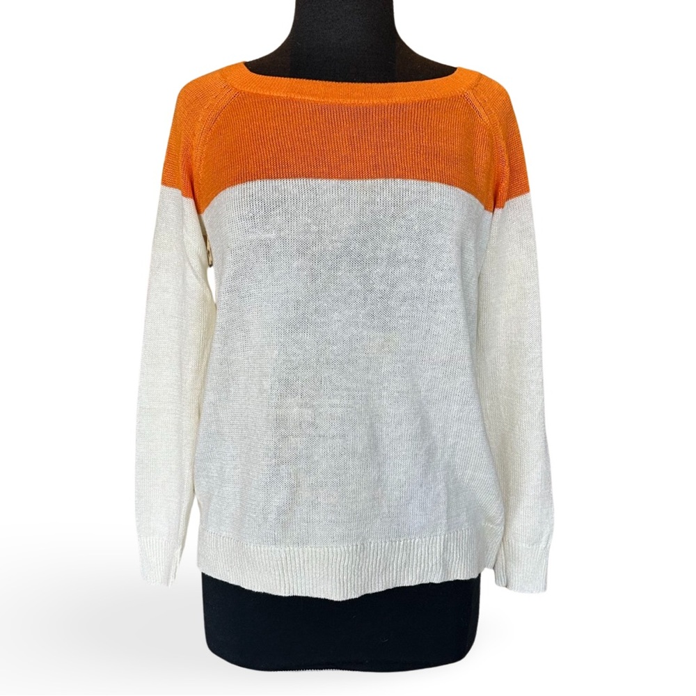 Banana Republic Linen Colorblock Sweater Orange & Ivory White Stripe Size Med